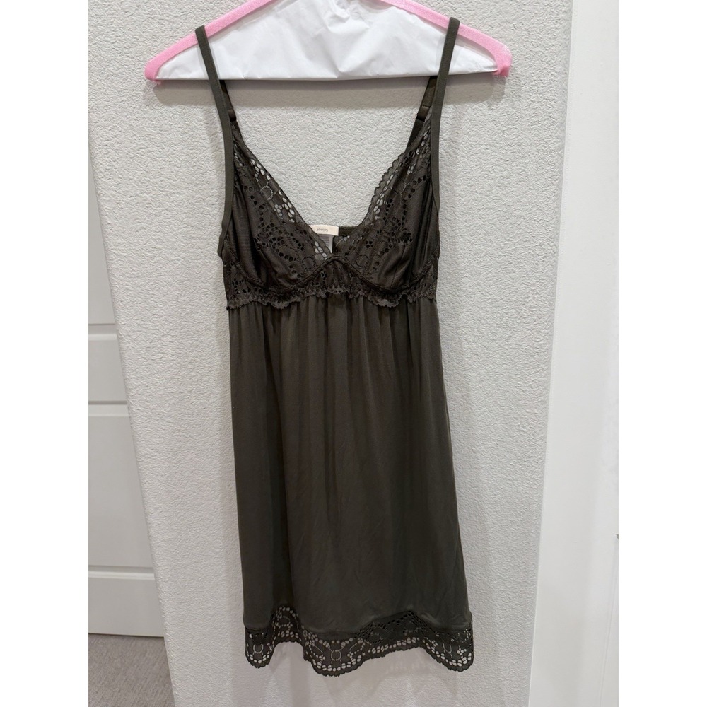 eberjey Beatrix Plunge Chemise Nightgown Dark Olive Green Lace Trim Modal Small